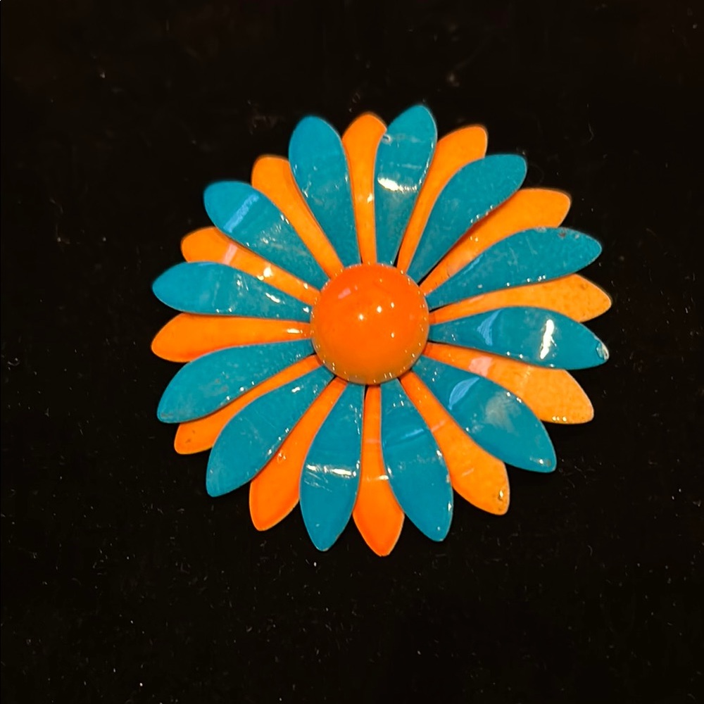 Vintage Orange and Blue Enamel Flower Brooch
